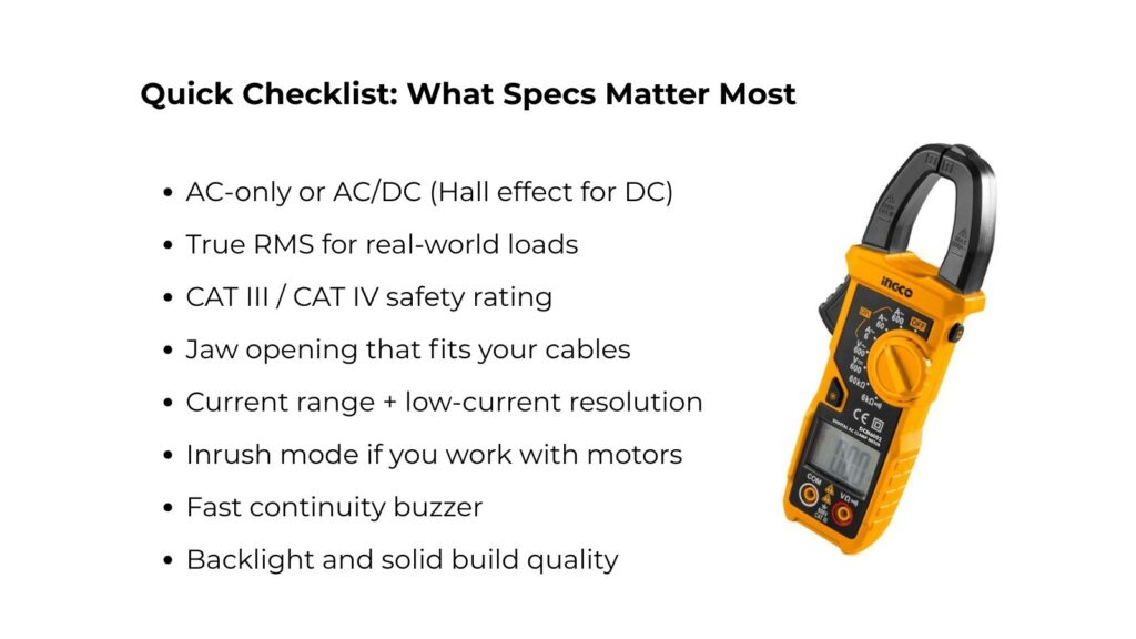 quick checklist Clamp Meter Buying Guide: What Specs Matter?