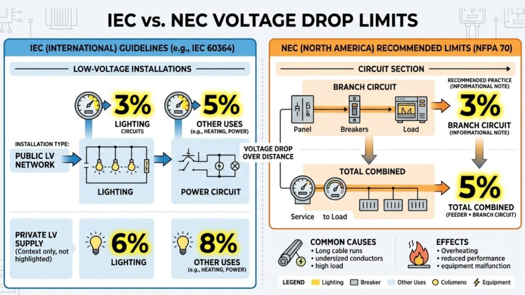 Maximum Allowable Voltage Drop as per IEC & NEC
